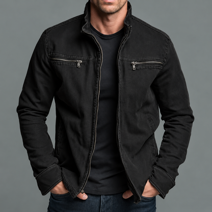 Model wearing the washed black version of the jacket, unzipped over a black tee 5