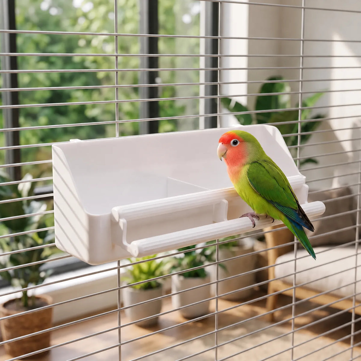 Green and red lovebird perched on the front bar of the white feeder, which is fixed to a cage in a bright room. 2