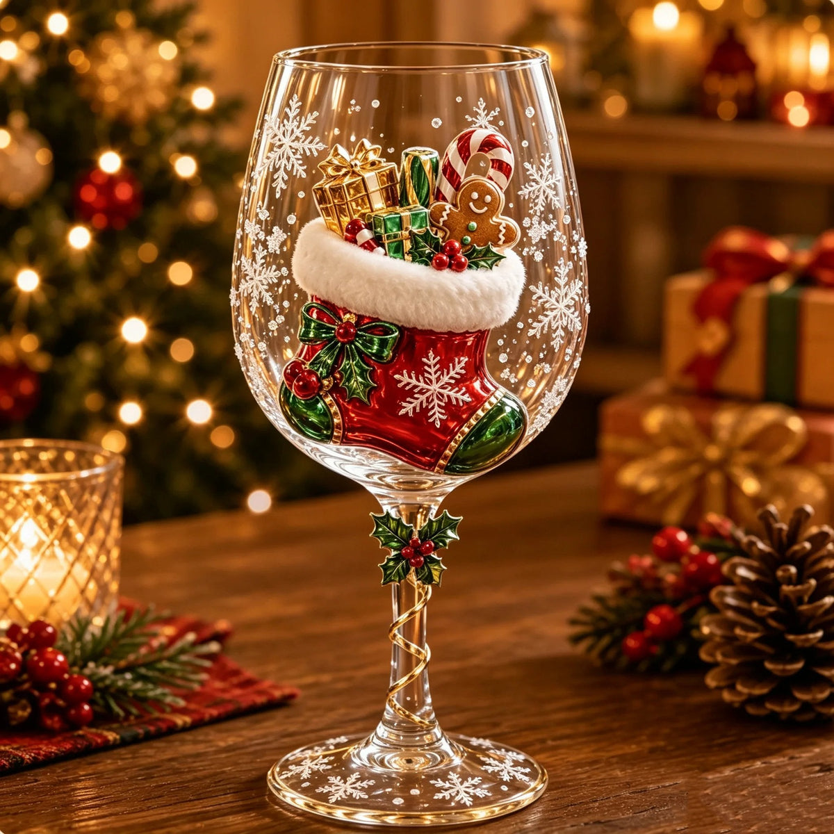 Wine glass with a red Christmas stocking filled with presents, a candy cane and a gingerbread man 6
