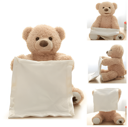 Collage of four views of the teddy bear showing its peek-a-boo movement, with the cream cloth raised and lowered. 5