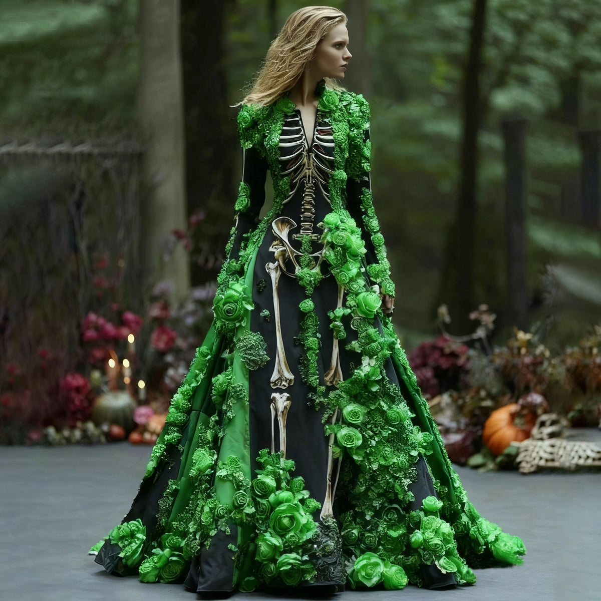 Model wearing the skeleton-print maxi dress with bright green textured roses and foliage trim on black, standing in a forest clearing. 4