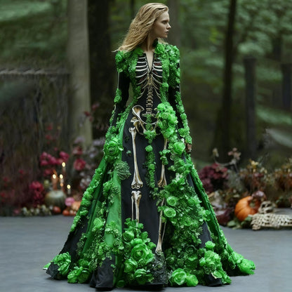 Model wearing the skeleton-print maxi dress with bright green textured roses and foliage trim on black, standing in a forest clearing. 4