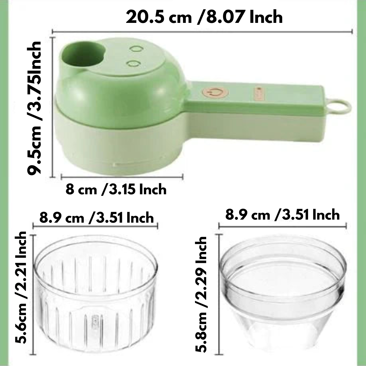 Diagram of the main unit and two clear bowls with measurements marked in centimetres and inches 8