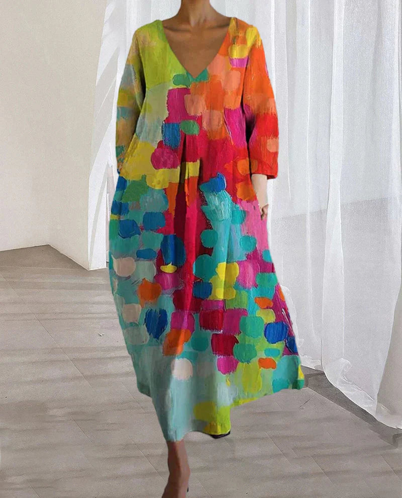 Colourful Printed Dress with V-Neck - Livia