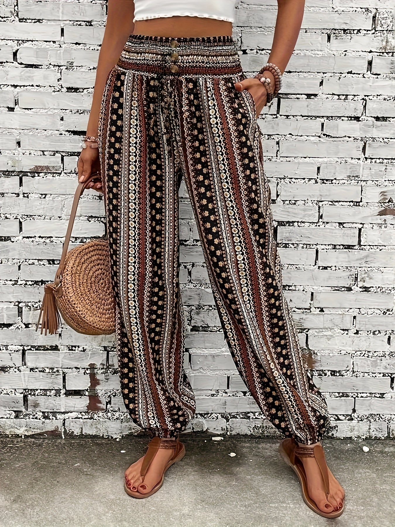 Boho High-Waist Women's Trousers with Print & Smocked Waistband – Linara