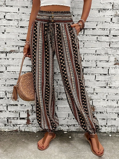 Boho High-Waist Women's Trousers with Print & Smocked Waistband – Linara