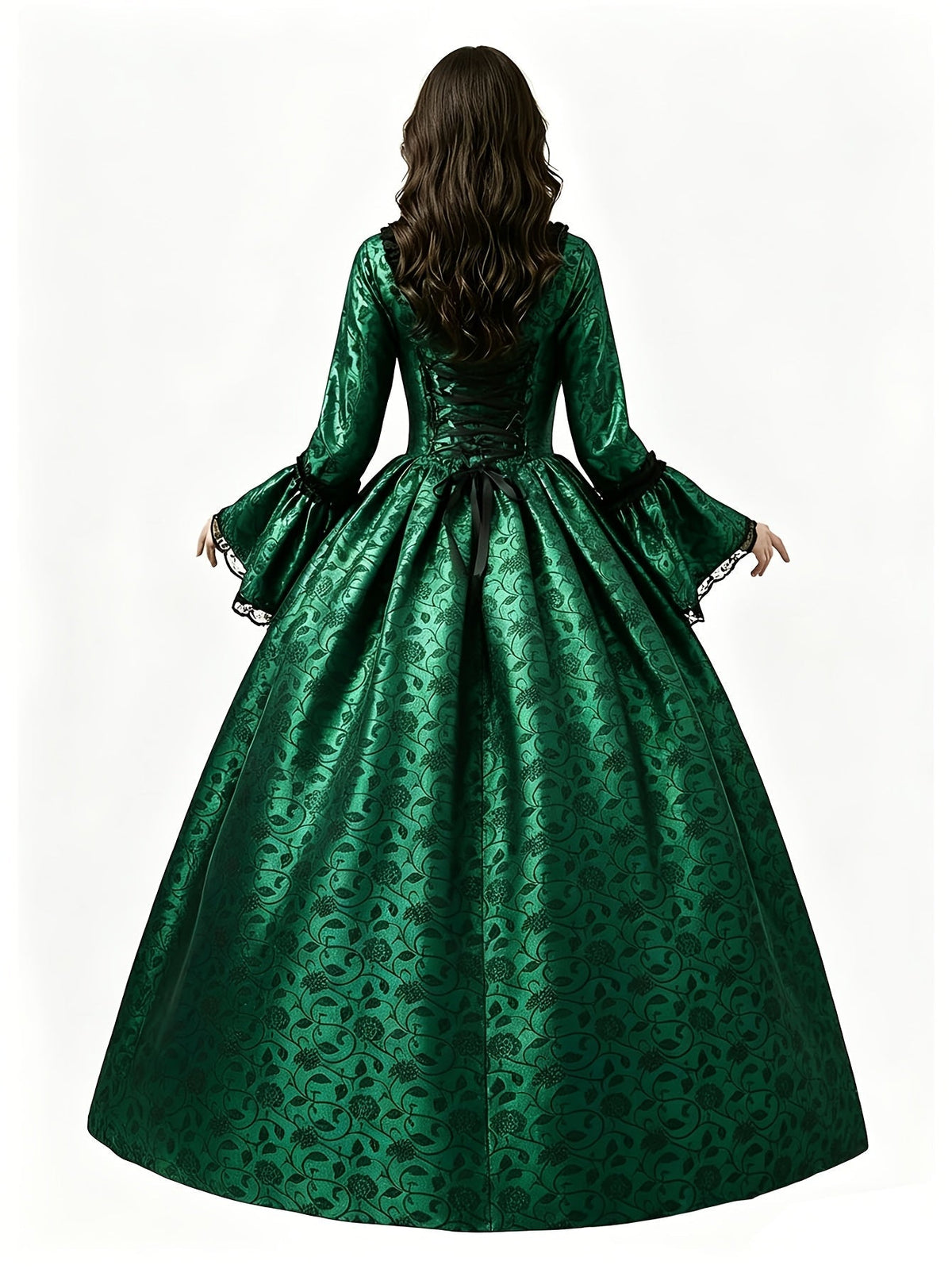 Back view of the green floral brocade gown, showing black corset lacing, ribbon bow and lace-trimmed flared sleeves. 8