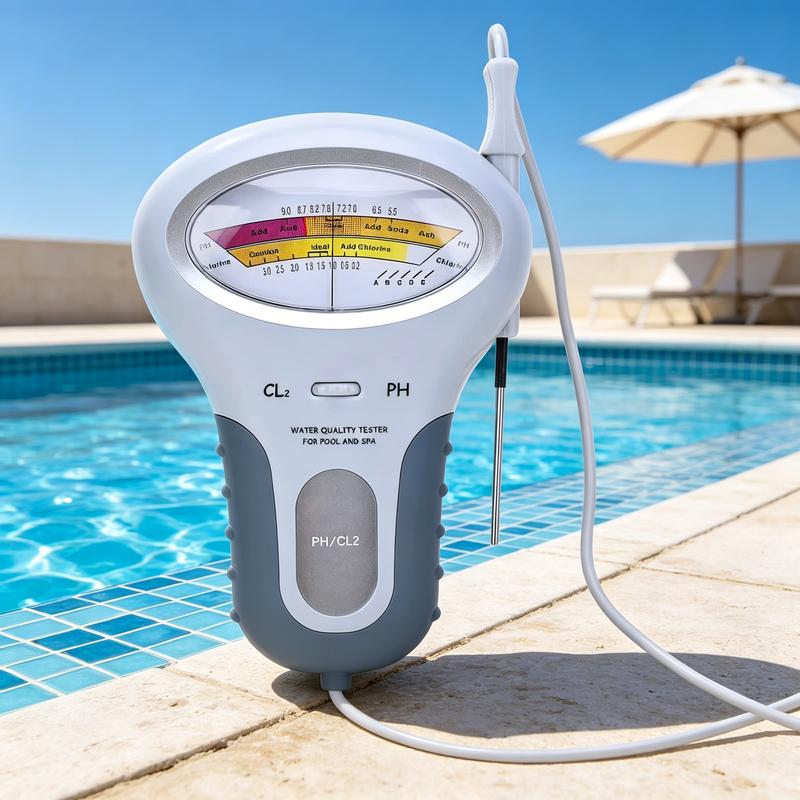 Front view of the tester with its dial and probe clipped along the side, placed on pool edge tiles beside a parasol. 3