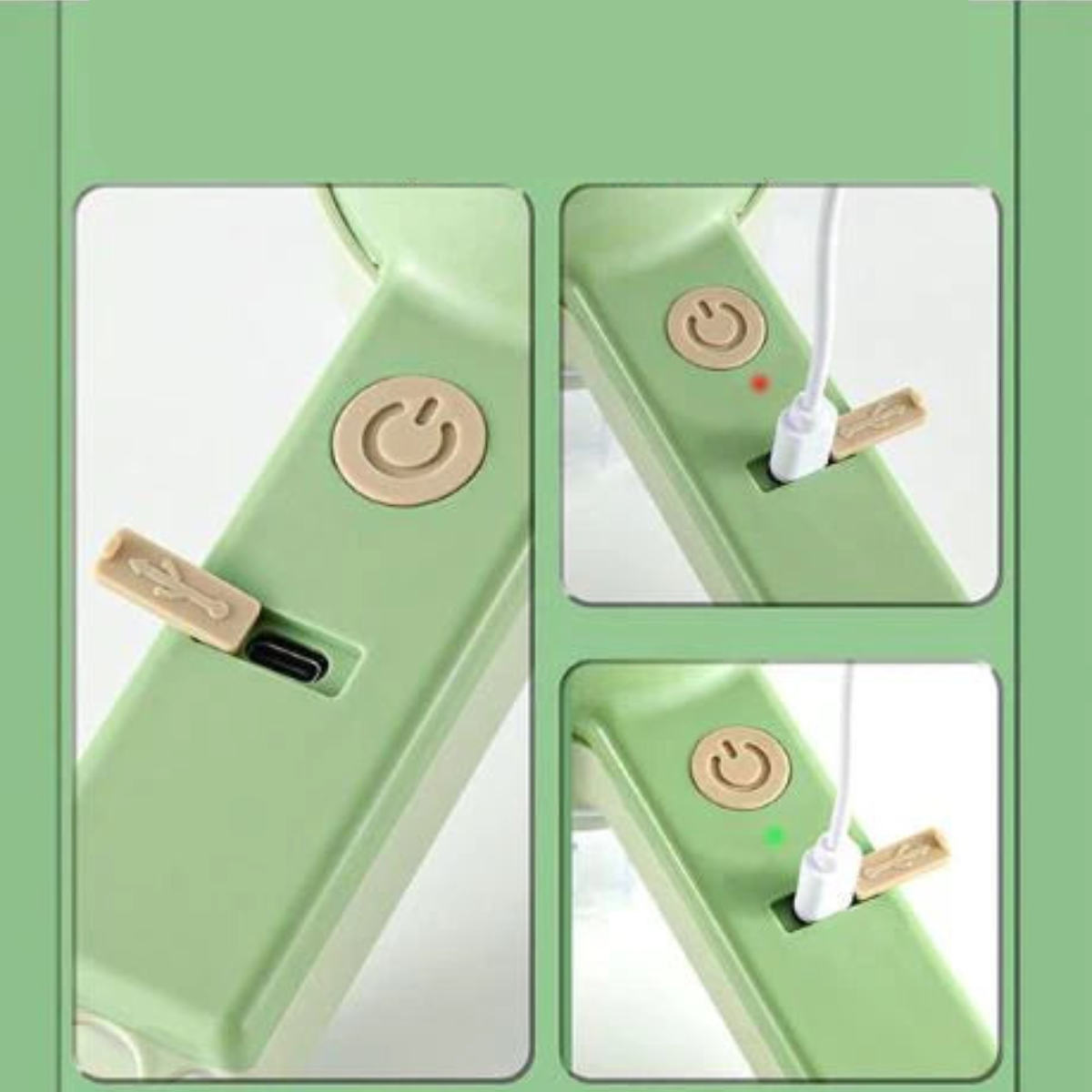 Close-up of the handle showing the power button and the charging port, with a white cable plugged in 4