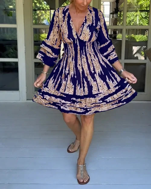 Autumnal & Stylish Ladies' Dress with V-neck and 3/4-length sleeves – Elina