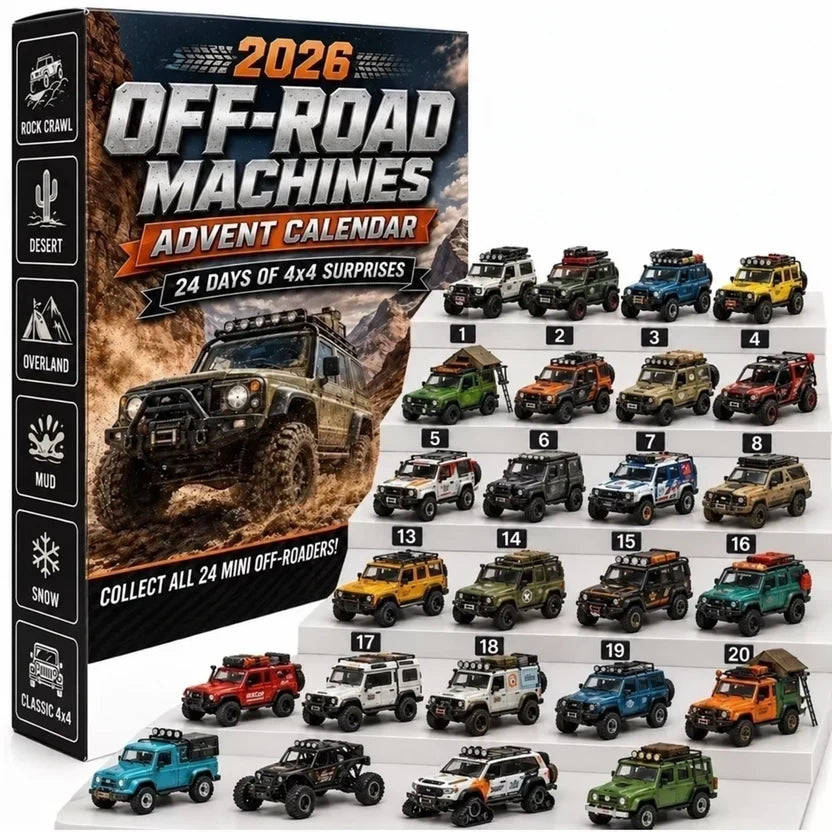 Off-road themed advent calendar box beside 24 miniature 4x4 vehicles arranged on white display steps 1