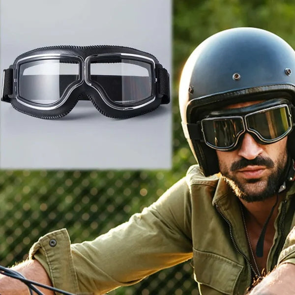 Collage pairing a close-up of the clear-lens goggles with a bearded rider in a helmet wearing them outdoors. 4