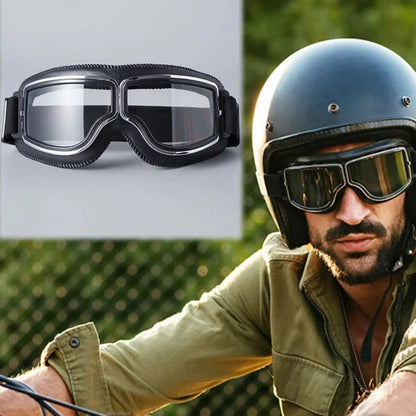 Collage pairing a close-up of the clear-lens goggles with a bearded rider in a helmet wearing them outdoors. 4