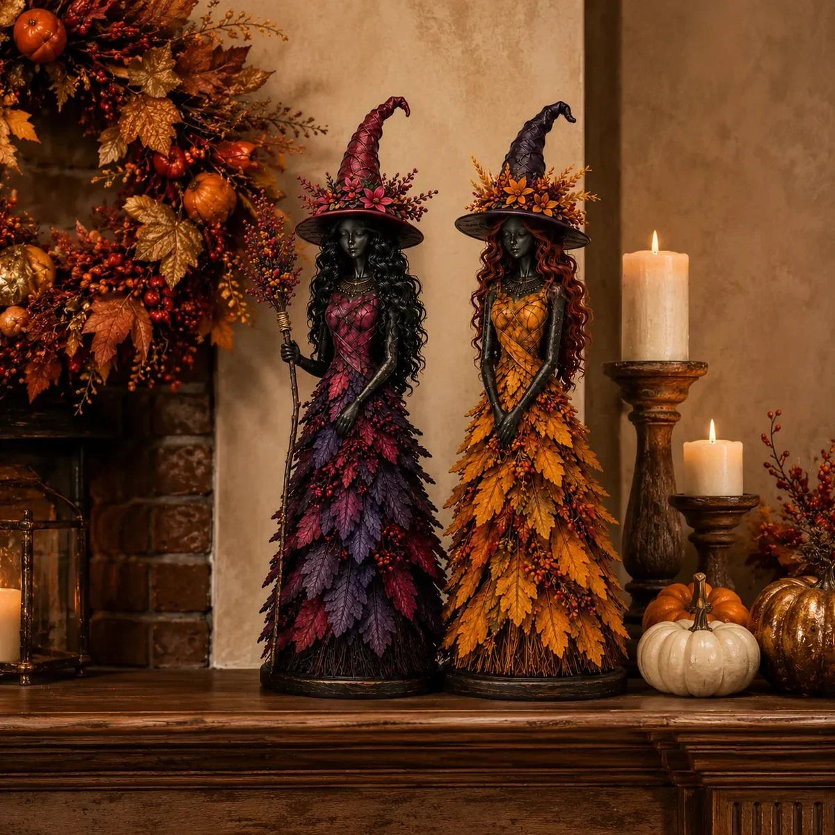 Purple and golden-orange witch figurines on a mantelpiece with pillar candles, small pumpkins and an autumn wreath behind them. 5