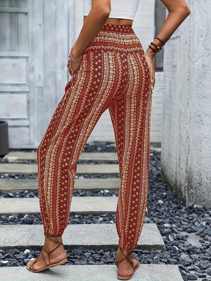 Boho High-Waist Women's Trousers with Print & Smocked Waistband – Linara