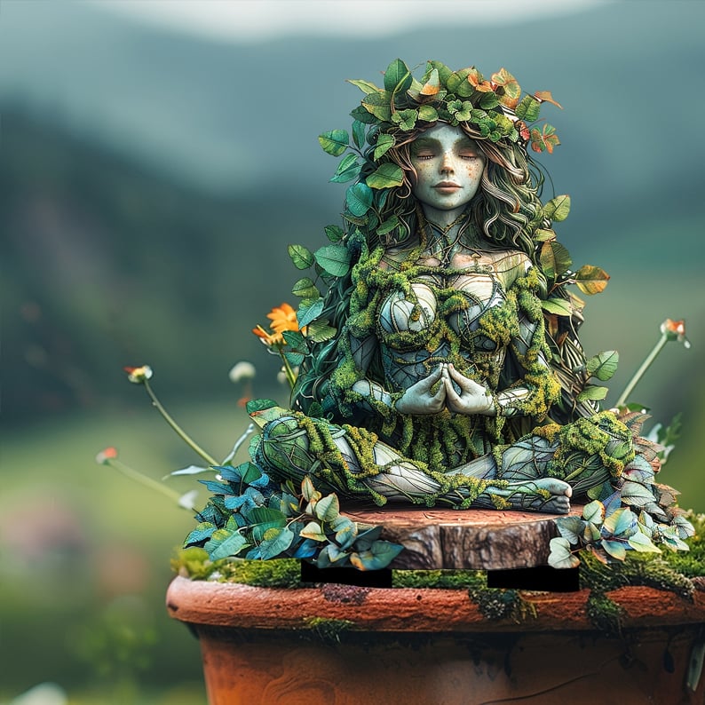Meditating woman figure with leaf crown on a wooden seat, placed in a terracotta pot with flowers and hills behind. 20