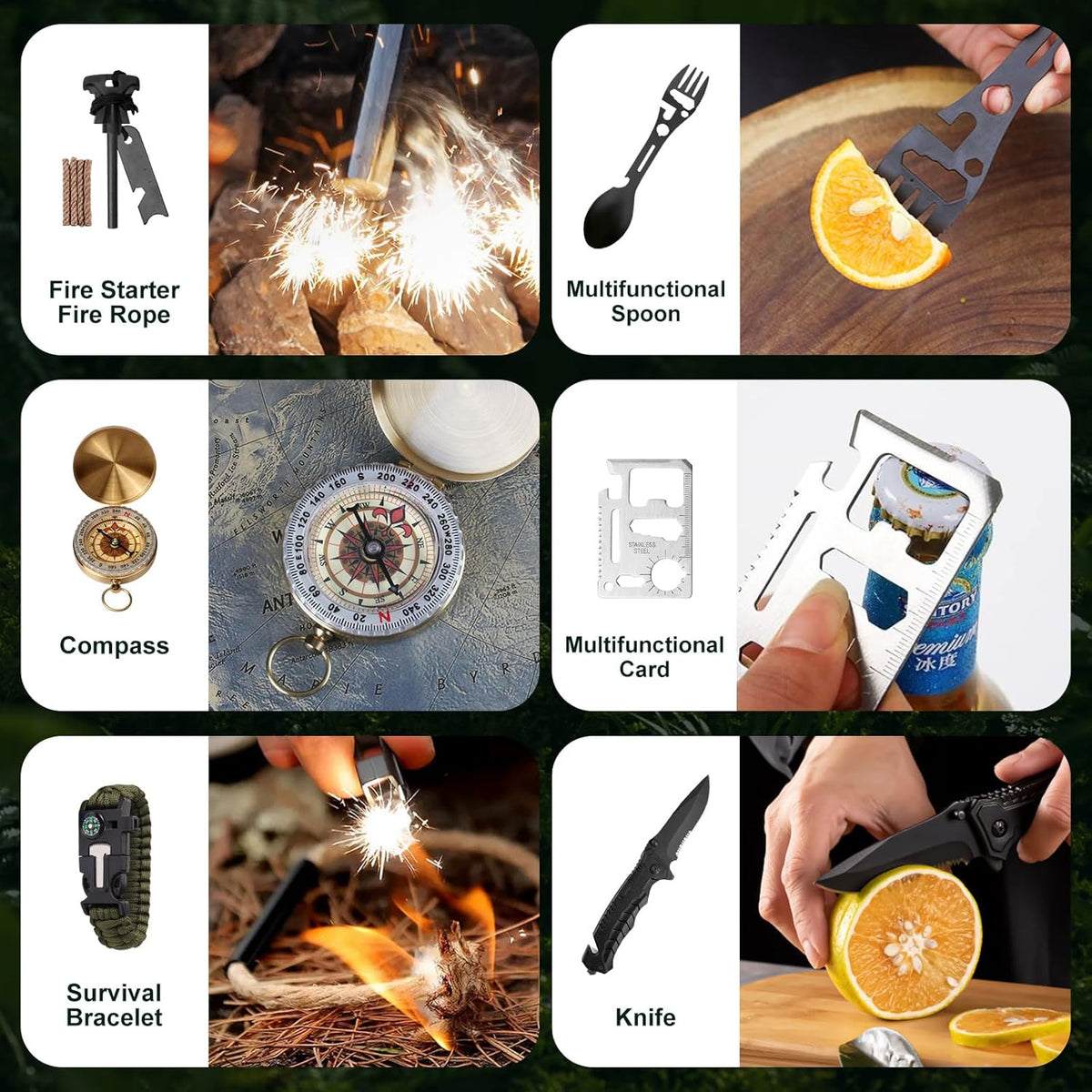 Six-panel collage of the fire starter, spoon, compass, multi-tool card, paracord bracelet and folding knife in use 4