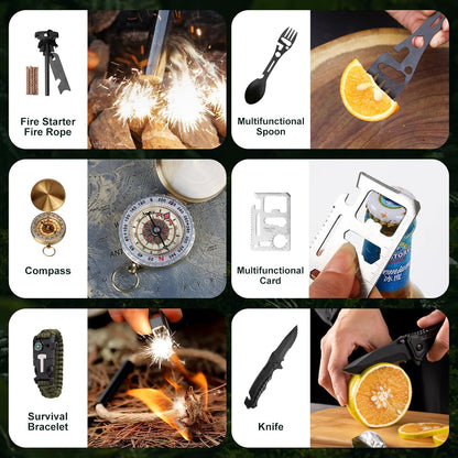 Six-panel collage of the fire starter, spoon, compass, multi-tool card, paracord bracelet and folding knife in use 4