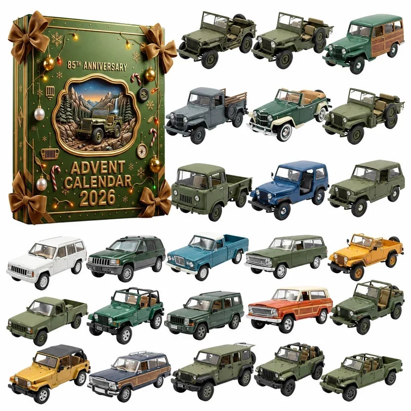 Green festive box with brown bows beside 24 miniature green, blue and yellow jeep-style vehicles 8