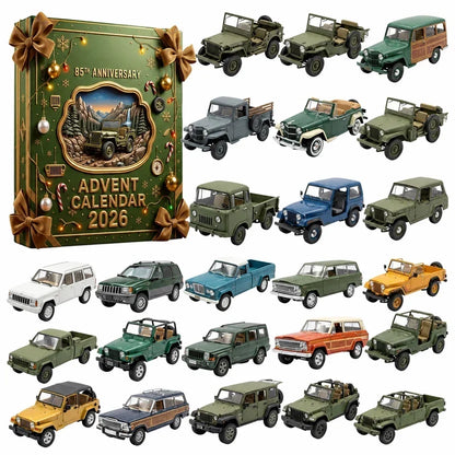 Green festive box with brown bows beside 24 miniature green, blue and yellow jeep-style vehicles 8
