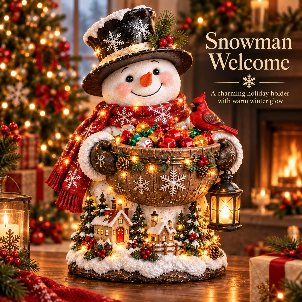 Snowman figure in a top hat and red scarf holding a wooden bowl of sweets, with a cardinal 2