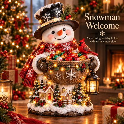 Snowman figure in a top hat and red scarf holding a wooden bowl of sweets, with a cardinal 2