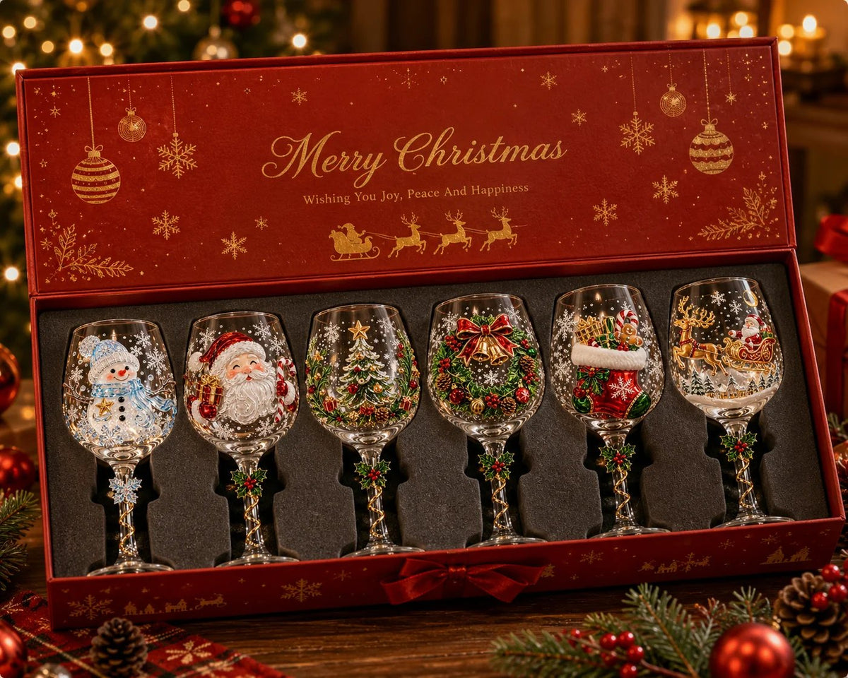 Open red gift box holding six different Christmas-themed wine glasses in a fitted foam tray 7