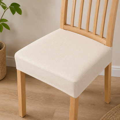 Cream textured seat cover fitted snugly on a light oak slatted chair, with a woven basket and plant behind. 8