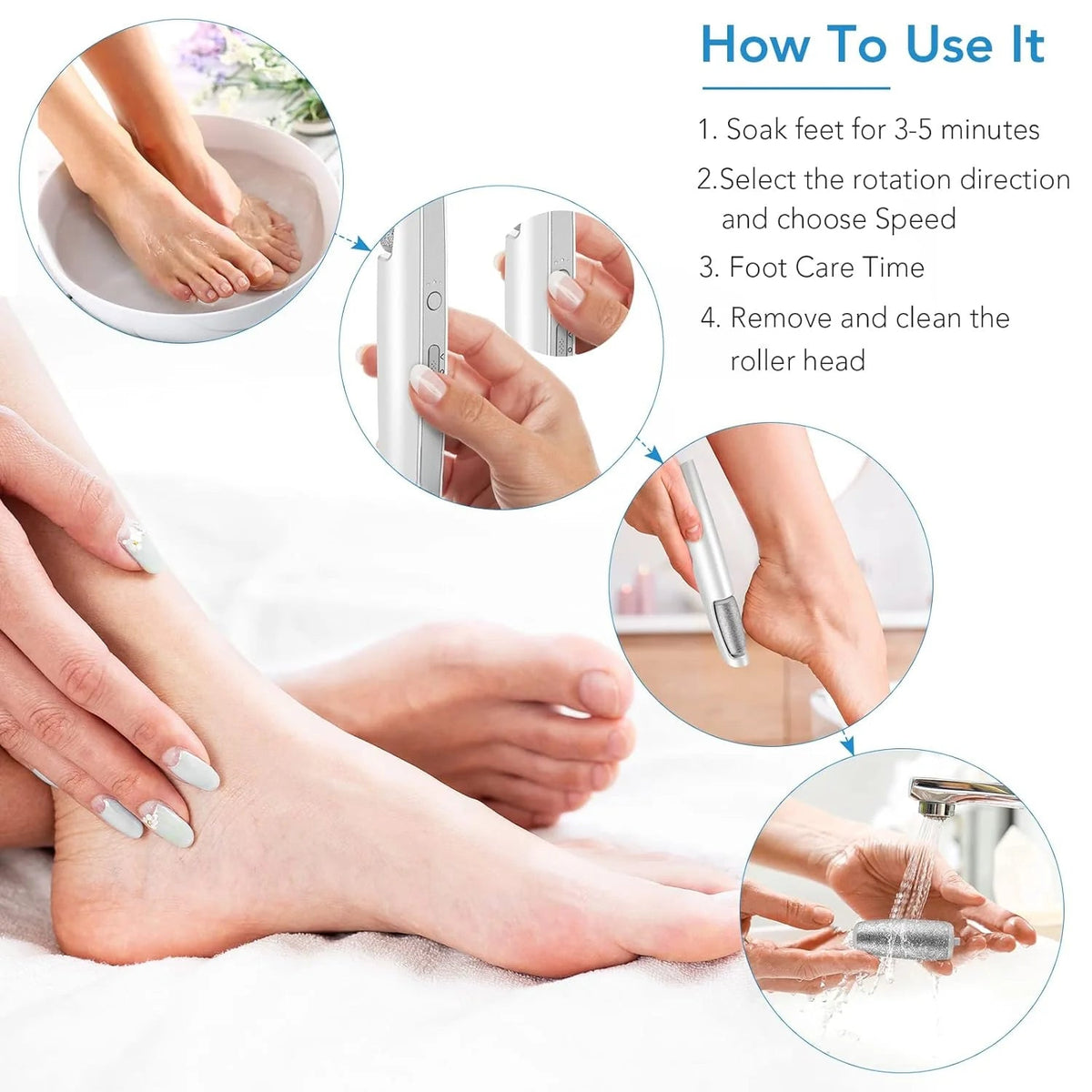 Four-step usage guide: soaking feet in a bowl, choosing rotation and speed, smoothing a heel with the device, then rinsing the roller head under a tap. 6