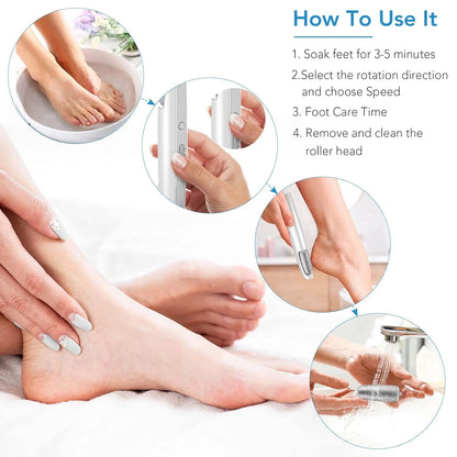 Four-step usage guide: soaking feet in a bowl, choosing rotation and speed, smoothing a heel with the device, then rinsing the roller head under a tap. 6