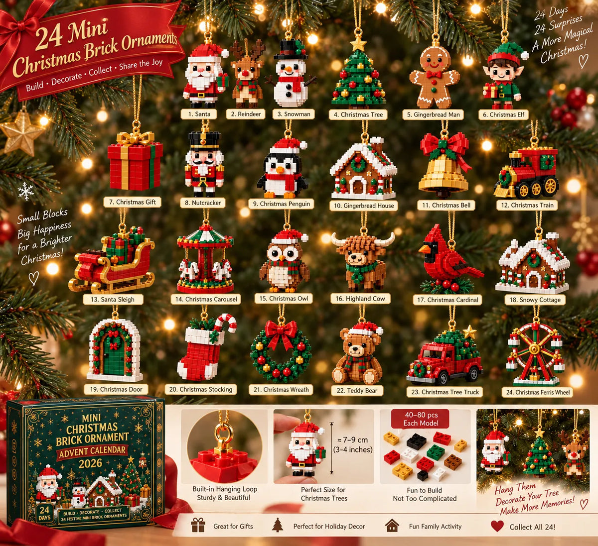 Labelled overview of all 24 brick ornaments on a tree backdrop, with panels showing the hanging loop, size and brick pieces. 10