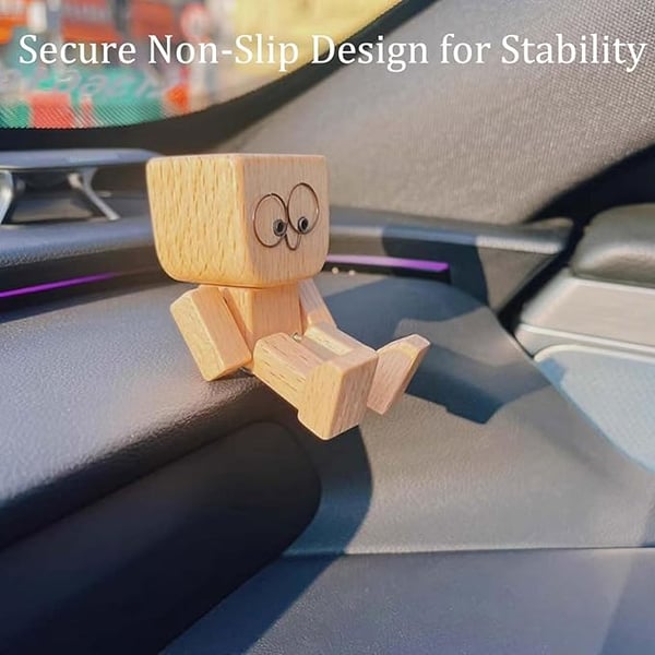 Wooden figure with round wire glasses face sitting on a car dashboard, shown with a caption about a non-slip design. 12