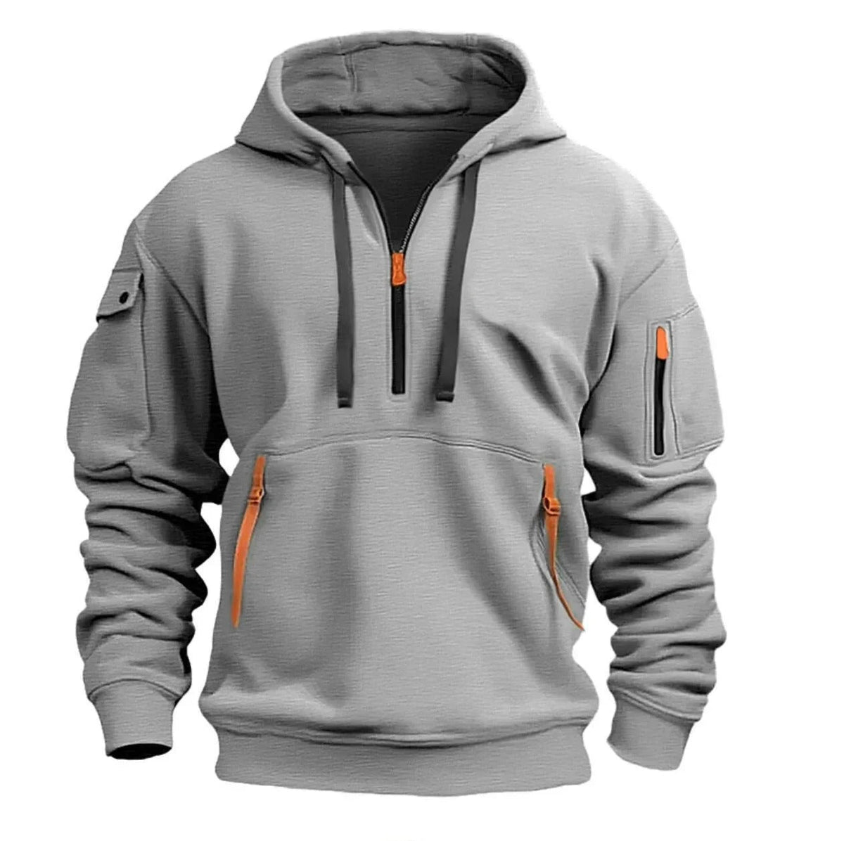 Front view of the grey hooded top with dark drawstrings, orange zip pull, orange pocket tabs and a zipped sleeve pocket. 1
