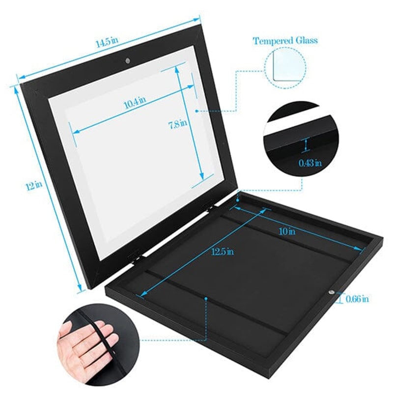 Black frame opened flat with measurement lines, a toughened glass callout and a close-up of the stretchy retaining band. 9