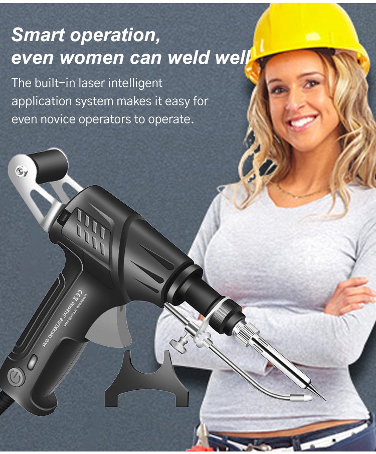 Smiling woman in a yellow hard hat and grey top, with the tool and its stand in the foreground 12