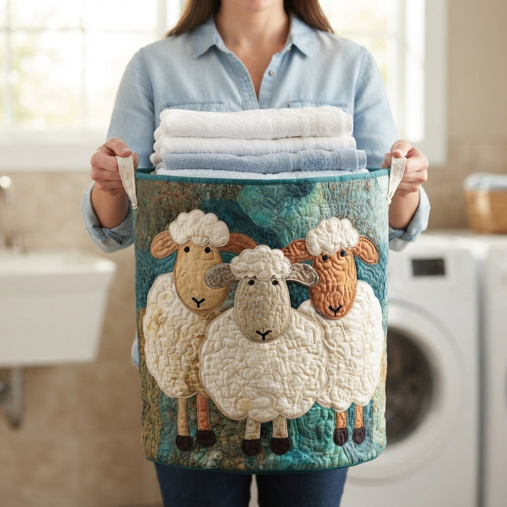 Woman in a denim shirt holding the sheep-design basket by its fabric handles, with folded white and blue towels inside. 3
