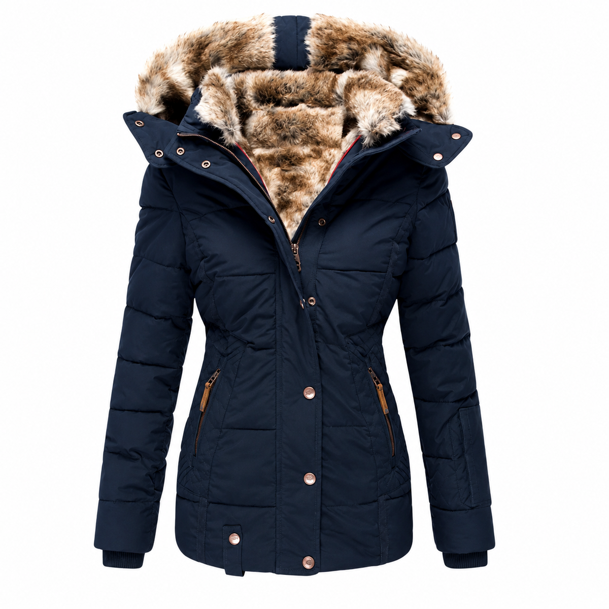 Navy blue quilted parka with fur-lined hood and fitted waist, shown unworn on white 6
