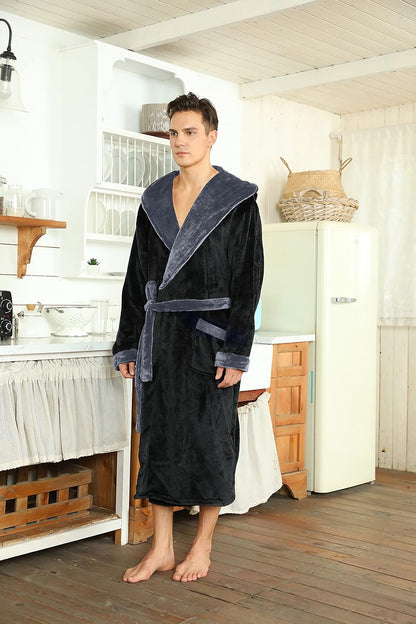 Side view of the black robe with grey shawl collar, belt and cuffs, in a kitchen 7