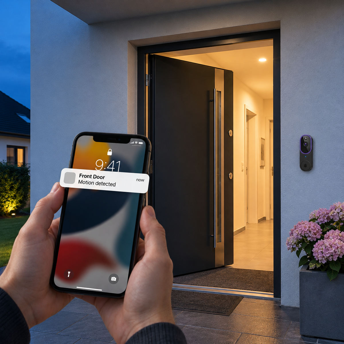 Hands holding a phone showing a motion alert, with the black doorbell beside an open front door at dusk 1