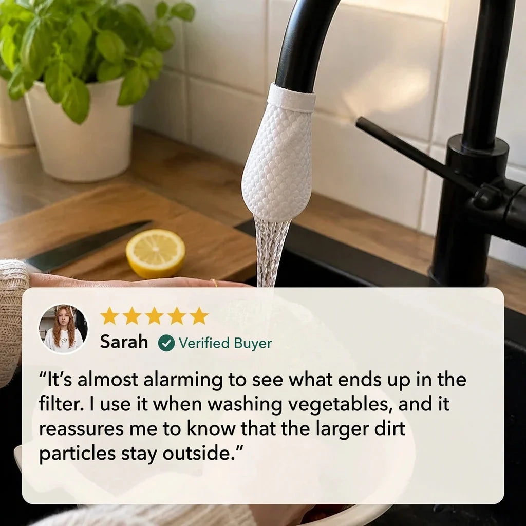 White textured cover fitted to a black tap spout, with water streaming through above a sink, a lemon and a customer review. 7