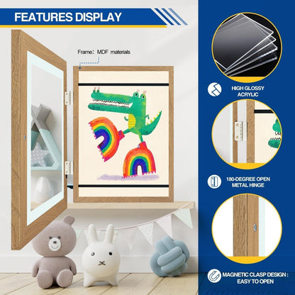 Oak-effect frame opened to show a crocodile painting, with callouts for the MDF frame, glossy acrylic, 180-degree metal hinge and magnetic clasp. 18