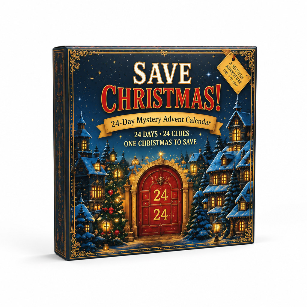 Christmas-themed box shown at an angle, with a snowy village at night and a large red arched door numbered 24. 7