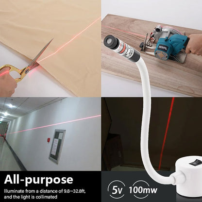 Collage of laser guide uses: cutting fabric with scissors, guiding a circular saw, lighting a corridor wall, and the guide 8