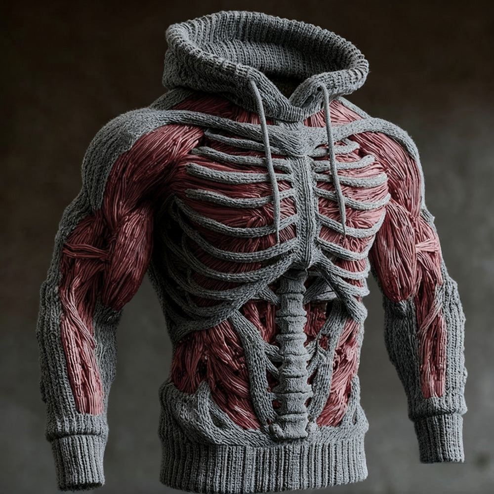 Grey knit hoodie with a raised 3D rib cage and spine and red muscle fibres on the arms and torso. 1