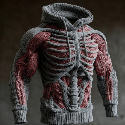 Grey knit hoodie with a raised 3D rib cage and spine and red muscle fibres on the arms and torso. 1