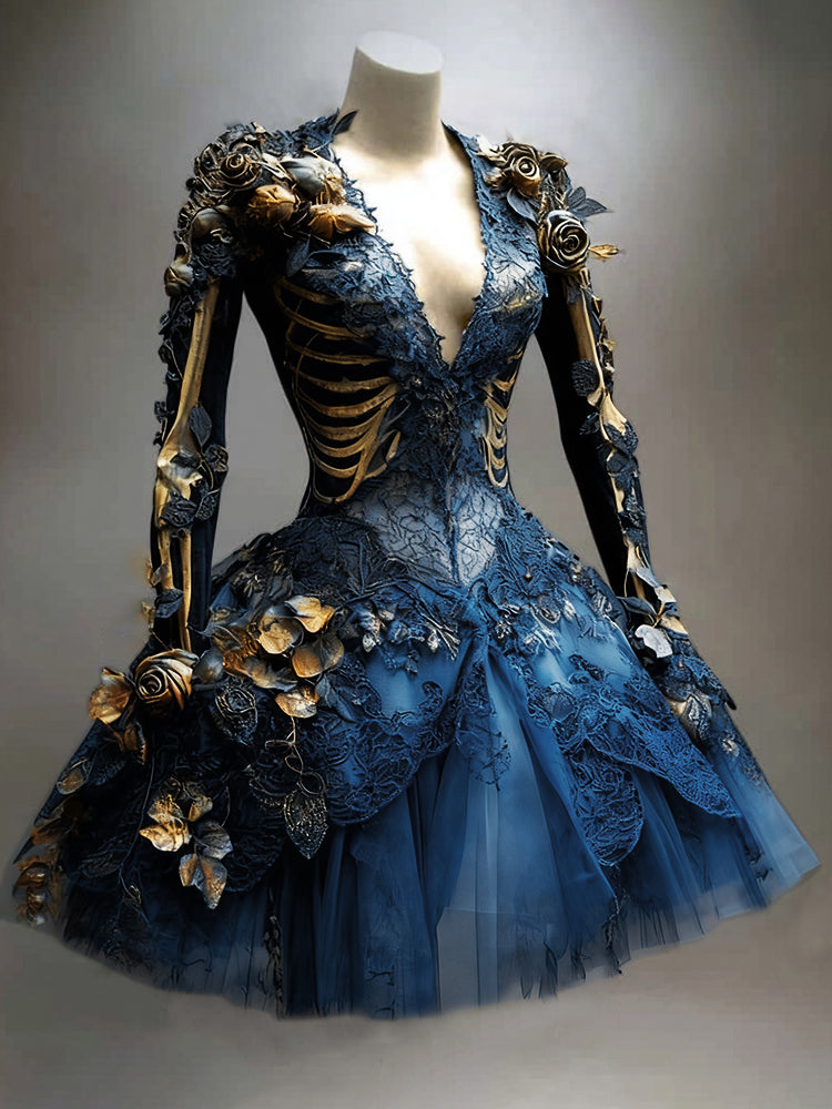 Deep blue version of the dress on a mannequin, showing golden skeleton details, lace bodice and layered tulle skirt. 3