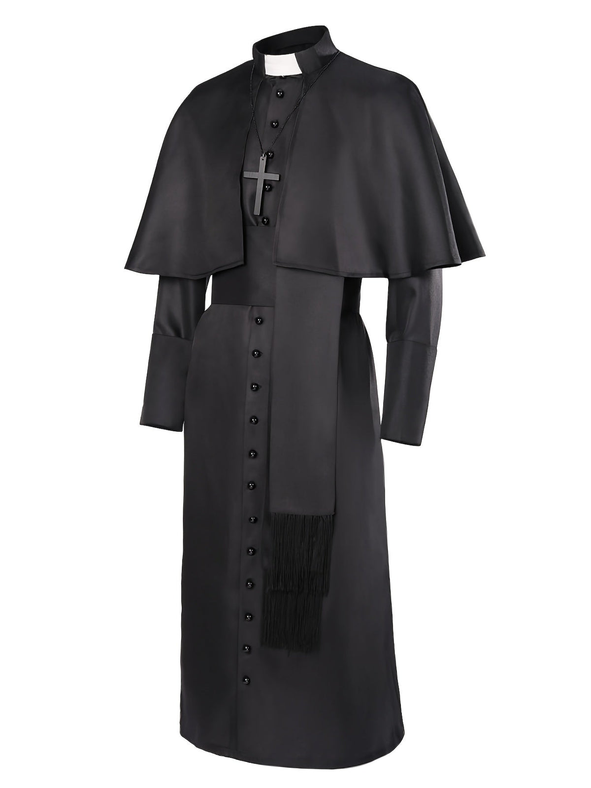 Black buttoned robe with short cape, white collar tab, cross necklace and fringed sash, shown at an angle 2