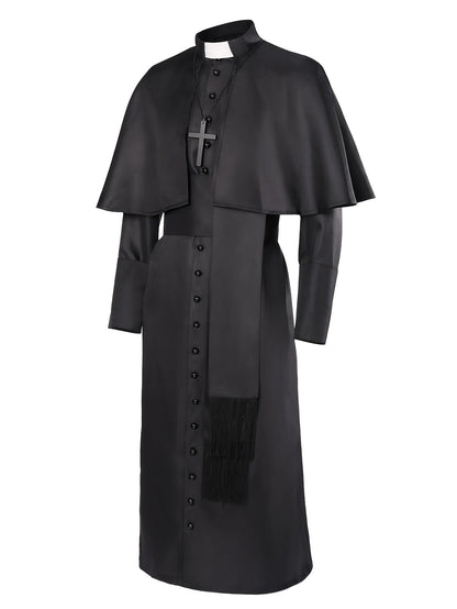 Black buttoned robe with short cape, white collar tab, cross necklace and fringed sash, shown at an angle 2