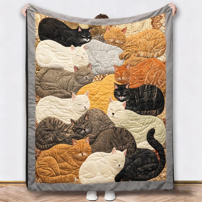 Person holding up a different blanket showing sleeping cats on a golden floral background with grey border 4