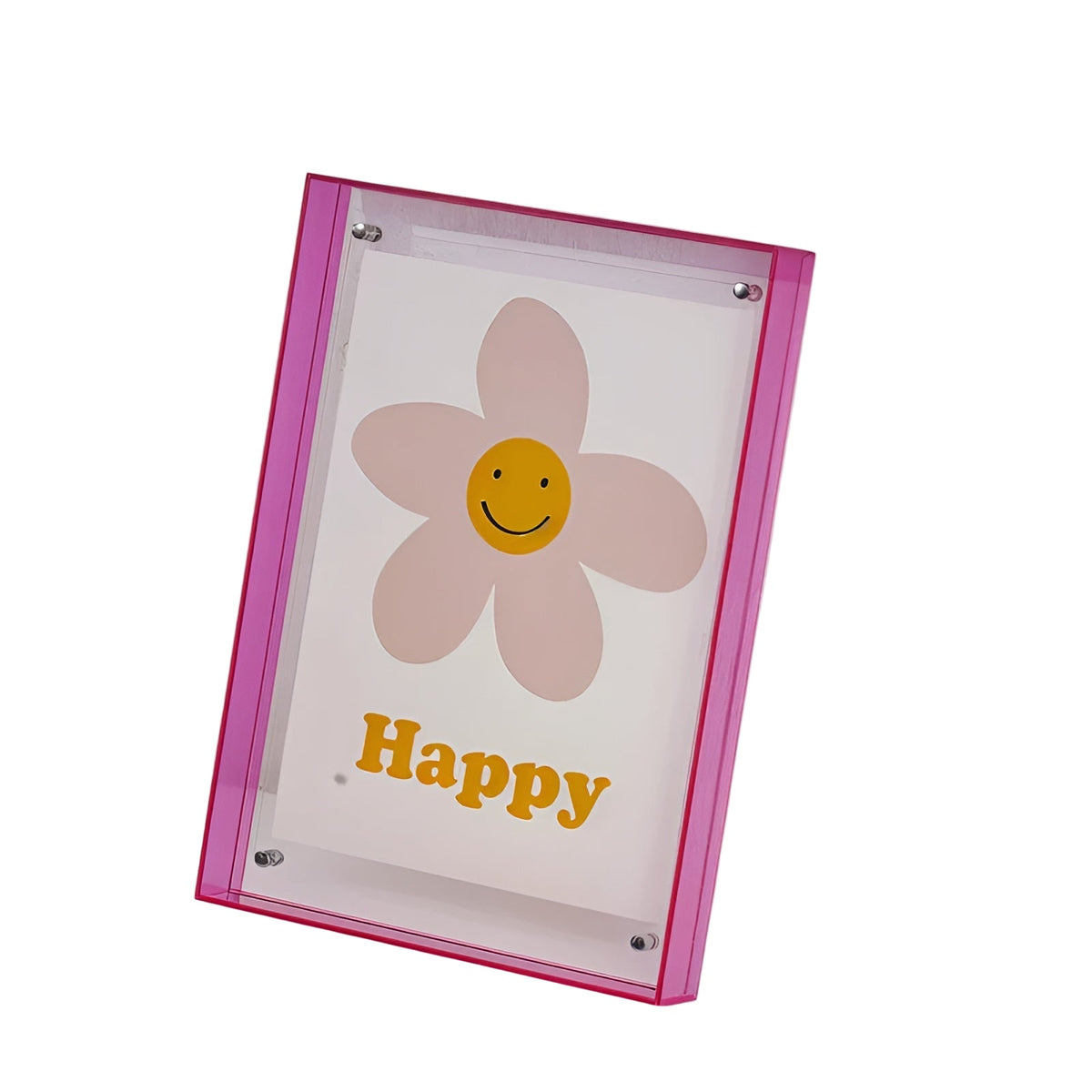 Pink-edged acrylic frame standing at an angle on white, holding a smiling flower print with clear magnetic corner studs. 1